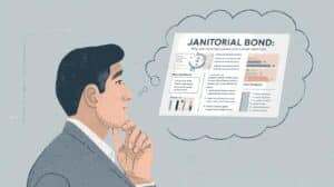 A professional man in a suit visualizing a janitorial bond infographic, emphasizing strategic decision-making for cleaning business trust and compliance.