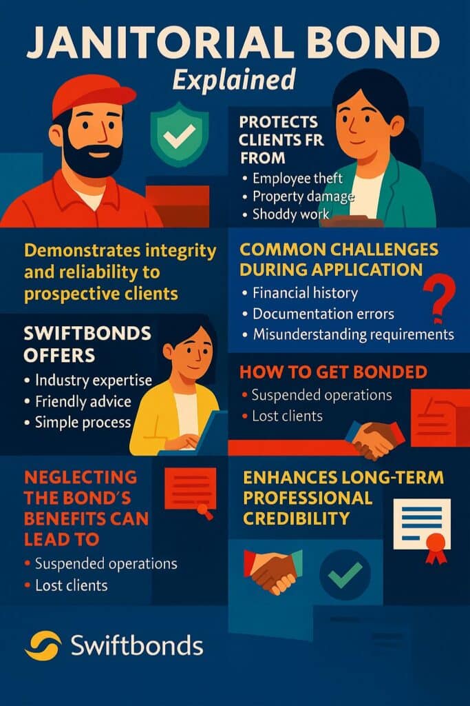 A vibrant infographic titled “Janitorial Bond Explained,” outlining benefits such as client protection, common application challenges, Swiftbonds’ support, bonding steps, and long-term credibility for cleaning businesses.