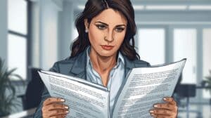 A professional woman in a modern office reviews janitorial bond coverage documents carefully, representing business owners understanding their policy inclusions and exclusions.