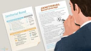 A business professional examines printed janitorial bond coverage sheets, highlighting what’s included and excluded in bond policies.