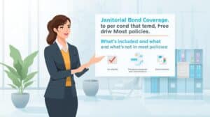 A confident businesswoman presents a digital slide on janitorial bond coverage, explaining key inclusions and exclusions to clients in an office setting.