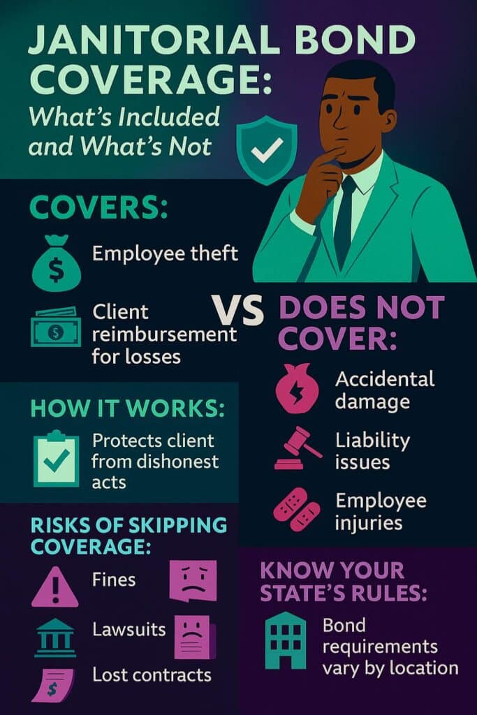A colorful infographic breaks down janitorial bond coverage, illustrating what’s included versus not covered, how it works, and the legal risks of skipping coverage.