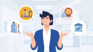 Graphic of a thoughtful business owner reviewing documents, emphasizing research and understanding the legal importance of a janitorial bond for company protection and credibility.
