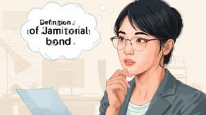 Illustration of a woman in glasses analyzing paperwork, symbolizing learning about the janitorial bond definition and how it strengthens business trust and compliance.