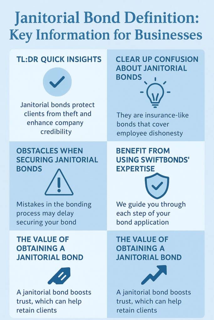 Winter-themed infographic titled ‘Janitorial Bond Definition: Key Information for Businesses,’ summarizing quick insights, common obstacles, and the benefits of working with Swiftbonds to secure a janitorial bond.