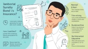 A business professional holding a document with illustrated thought bubbles representing fast bonding, contract details, and strategic planning for janitorial surety bond and insurance differences.