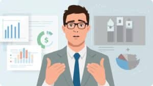 A professional speaker presenting key differences between janitorial surety bonds and insurance, with illustrated text boxes and charts in the background.
