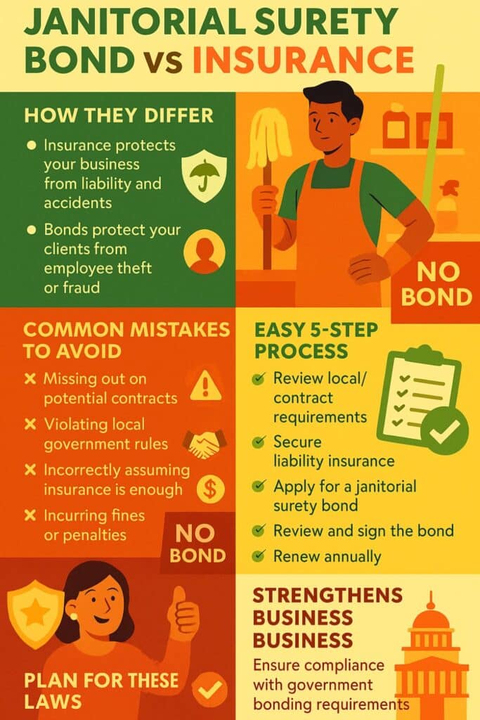 A vibrant infographic explaining janitorial bond insurance, highlighting client protection benefits, common obstacles, reasons businesses trust Swiftbonds, steps to secure a bond, and consequences of ignoring requirements.