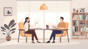 Illustration of two professionals in an office setting discussing cleaning bond requirements, symbolizing expert consultation and client assurance.