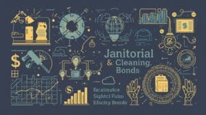 Stylized graphic featuring charts, icons, and tools related to janitorial and cleaning bonds, emphasizing trust, compliance, and financial protection.