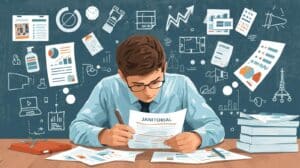 Illustration of a professional analyzing janitorial bond paperwork surrounded by graphs and reports, representing business compliance and data-driven decisions.