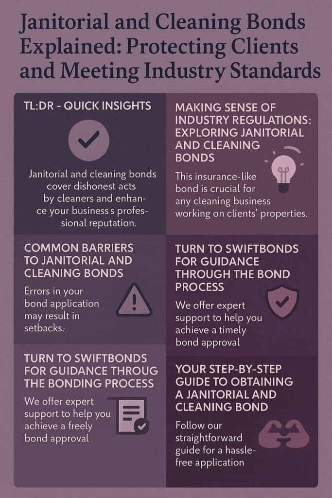 Dusk-themed infographic explaining janitorial and cleaning bonds, highlighting key insights, common barriers, Swiftbonds’ guidance, and step-by-step instructions for obtaining a cleaning bond.