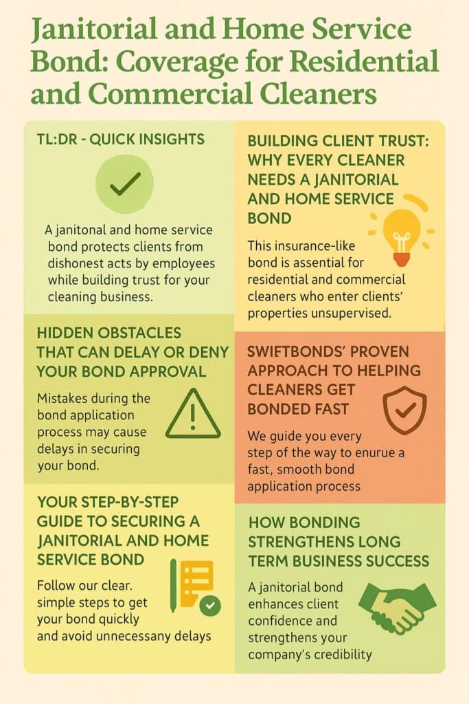 Spring-themed infographic titled ‘Janitorial and Home Service Bond: Coverage for Residential and Commercial Cleaners,’ highlighting key insights, benefits, bonding process, and Swiftbonds’ support.