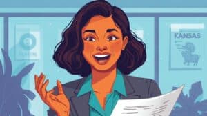 Professional woman in Kansas office holding licensing paperwork for a money transmitter bond, representing business compliance and financial services