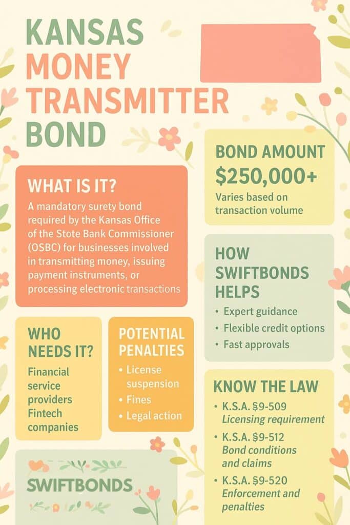 Spring-themed infographic explaining the Kansas Money Transmitter Bond, including bond amount, purpose, penalties, and statutes for compliance.