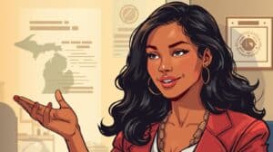 Illustration of a professional woman discussing Michigan Money Transmitter Bond requirements, with a Michigan map and financial documents in the background representing compliance and licensing.