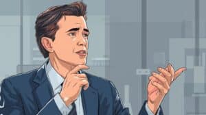 Illustration of a businessman in a blue suit explaining Michigan Money Transmitter Bond compliance and financial licensing details in an office setting.