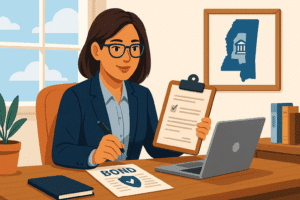 Business owner reviewing a Mississippi money transmitter license application with Department of Banking and Consumer Finance certification displayed, illustrating the state’s bonding and regulatory process.