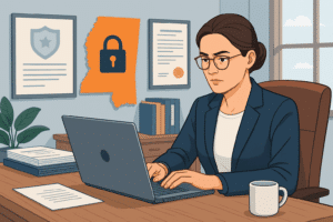 Professional woman using a laptop in a Mississippi office setting with compliance certificates and state icons, representing financial bonding and secure licensing for money transmitter businesses.