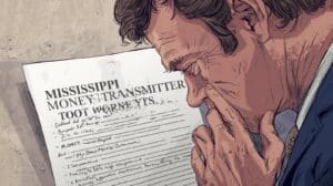 Concerned businessman reviewing a worn paper titled “Mississippi Money Transmitter Bond,” symbolizing the stress of meeting state bonding requirements.