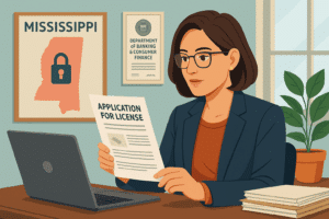 Financial professional in a Mississippi office reviewing documents labeled ‘Bond’ while completing a money transmitter license application, symbolizing compliance with the Mississippi Department of Banking and Consumer Finance.