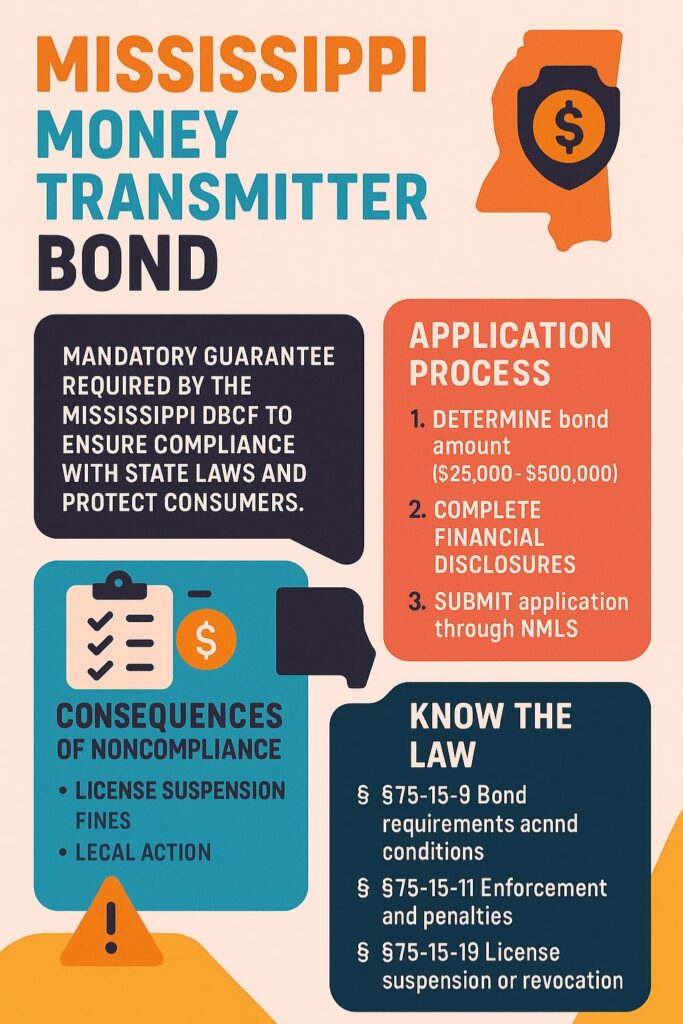 Flat-style infographic explaining the Mississippi money transmitter bond process, including bond amount requirements, compliance rules, penalties, and relevant state statutes under the Mississippi DBCF.