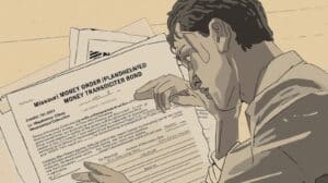 Illustration of a business owner in Missouri reading through a money transmitter bond document, emphasizing the importance of financial regulation and bonding compliance.