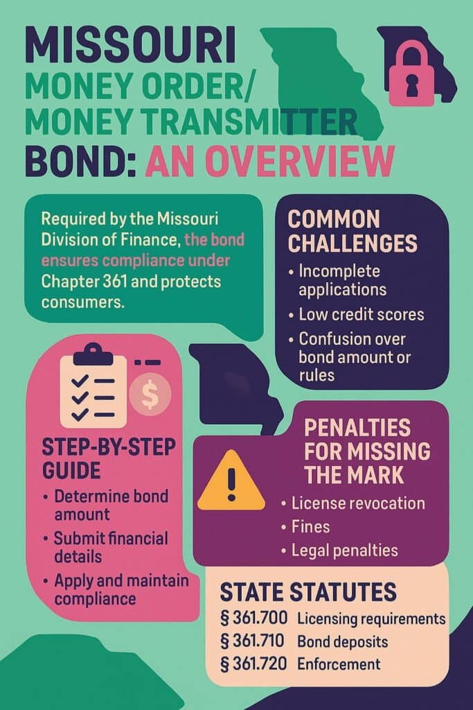 Colorful infographic summarizing the Missouri Money Order/Money Transmitter Bond overview, highlighting state compliance under Chapter 361, common challenges, step-by-step bonding guide, penalties, and Missouri statutes