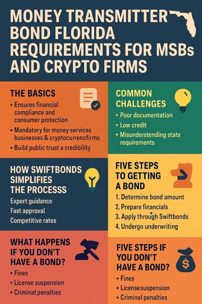 Infographic showing key information about Money Transmitter Bond Florida Requirements for MSBs and Crypto Firms, featuring sections on compliance basics, common challenges, Swiftbonds’ assistance, bond process steps, and penalties, using vibrant orange, teal, and navy colors.