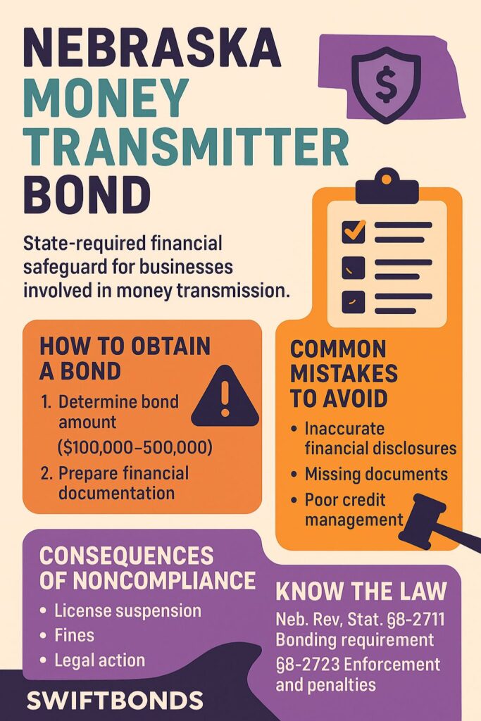 Infographic explaining the Nebraska Money Transmitter Bond requirements, including how to obtain a bond, common mistakes to avoid, penalties for noncompliance, and Nebraska state statutes, designed with modern orange, teal, and cream colors.
