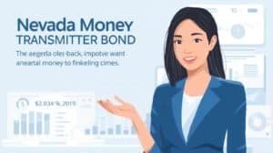 Illustration of a professional woman presenting information about the Nevada Money Transmitter Bond with financial charts and graphs in the background, symbolizing compliance and financial responsibility.