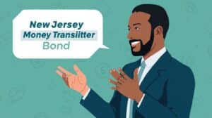 Digital illustration of a financial advisor discussing the New Jersey money transmitter bond, highlighting licensing, compliance, and bonding information for businesses.