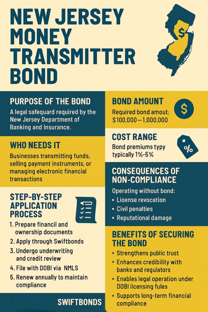 Informative infographic explaining the New Jersey money transmitter bond requirements, including bond amounts, cost range, compliance steps, and benefits for financial businesses.