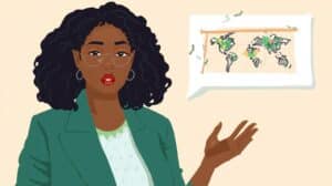 Illustration of a confident financial advisor presenting global money transmission data, symbolizing transparency, compliance, and secure money transfer operations in New Mexico.