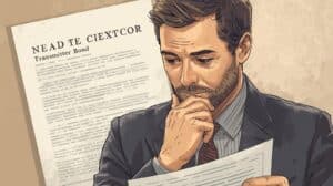 Illustration of a business professional reviewing a New Mexico Money Transmitter Bond document, symbolizing careful financial compliance and legal responsibility for money transfer businesses in New Mexico.