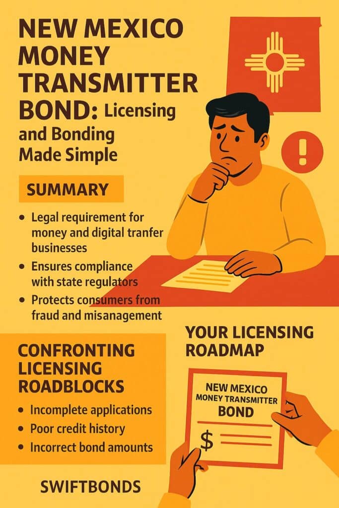 Infographic titled “New Mexico Money Transmitter Bond: Licensing and Bonding Made Simple,” featuring steps, benefits, common challenges, and Swiftbonds’ support for obtaining a New Mexico money transmitter bond efficiently.