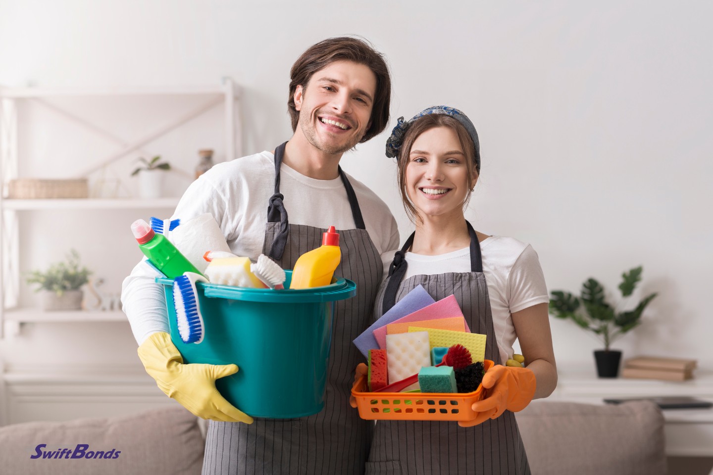 cleaning services. A picture of a professional cleaning with materials for the home.
