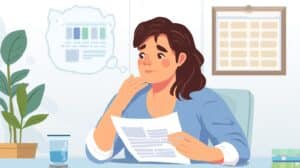 Illustration of a businesswoman reviewing Oklahoma Money Transmitter Bond application documents, representing preparation for compliance with state bonding requirements.