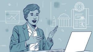 Illustration of a financial professional explaining Oklahoma Money Transmitter Bond licensing regulations and bonding procedures during an online meeting.