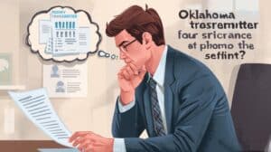 Illustration of a businessman studying Oklahoma Money Transmitter Bond forms, symbolizing attention to financial compliance and licensing under state law.