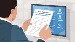 Business professional holding a document titled ‘Money Transmitter Bond Requirements for Financial Licensees’ while applying through NMLS, highlighting Oregon money transmitter bond compliance steps.