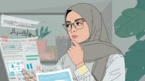 Illustration of a woman in a hijab analyzing South Dakota money transmitter bond data on digital financial reports, representing compliance and financial responsibility.