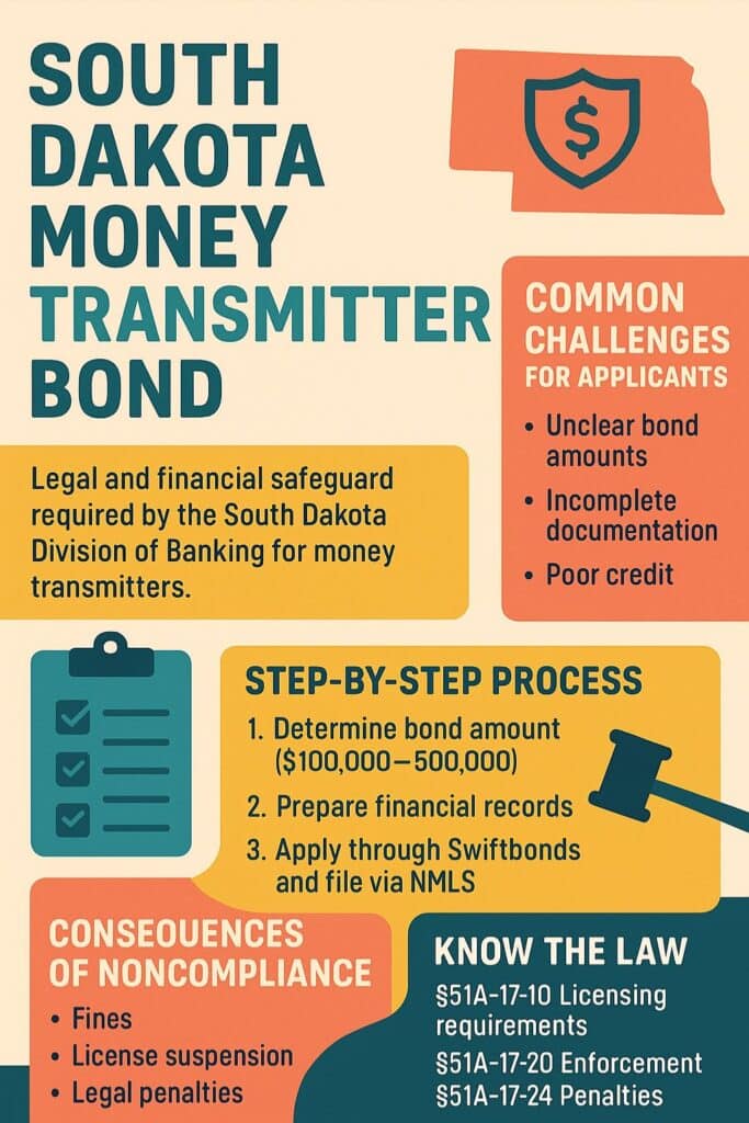 Infographic explaining the South Dakota money transmitter bond requirements, including legal purpose, step-by-step application process, common challenges, penalties for noncompliance, and state law references, designed in teal, orange, and cream tones.