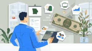 Businessman sitting at a desk analyzing Iowa money transmitter bond documents on his computer screen, symbolizing financial compliance and regulatory preparation.