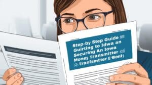 Entrepreneur examining Iowa money transmitter bond application forms surrounded by office paperwork, showing the bonding and approval process.