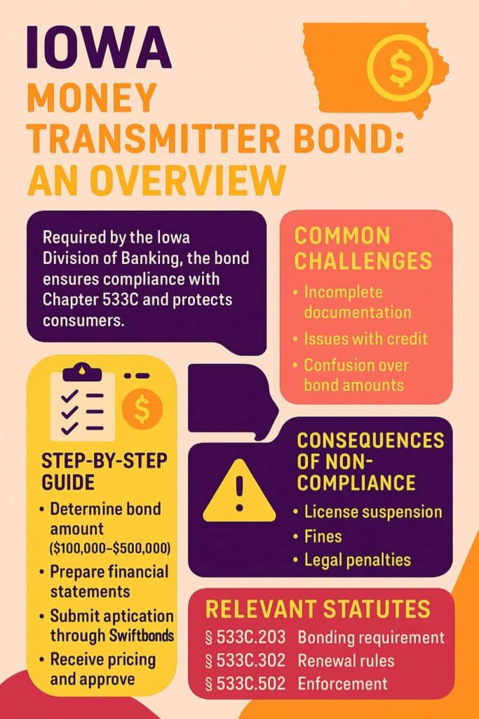 A professional infographic titled ‘Iowa Money Transmitter Bond: An Overview’ featuring Iowa’s compliance requirements, common challenges, bond process steps, penalties, and state statutes with bright gold, blue, and green accents.