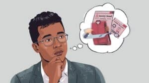 Professional thinking about surety bond licensing with compliance and approval documents illustrated in a thought bubble.