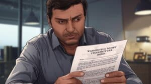 Serious business owner reviewing details of a Washington Money Transmitter Bond document, symbolizing financial compliance and due diligence.