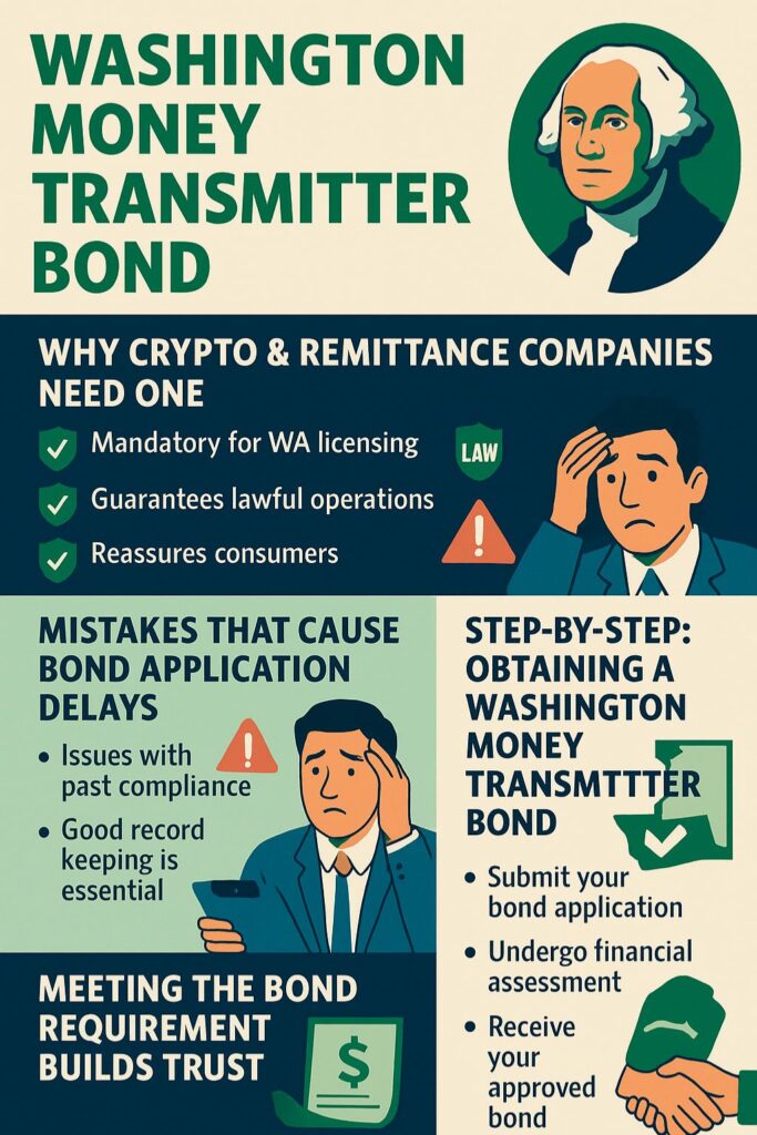 Informative infographic showing why crypto and remittance companies need a Washington Money Transmitter Bond, highlighting licensing requirements, compliance benefits, and application steps.