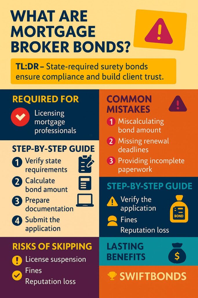 Colorful infographic titled ‘What Are Mortgage Broker Bonds?’ showing sections on requirements, common mistakes, step-by-step guide, risks of skipping, and benefits for mortgage professionals, with Swiftbonds branding.